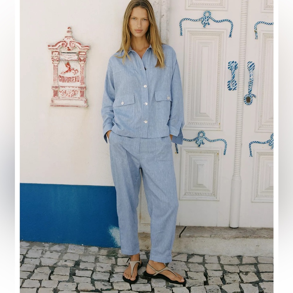 Zara Linen Jogger Pants Light Blue, Size M